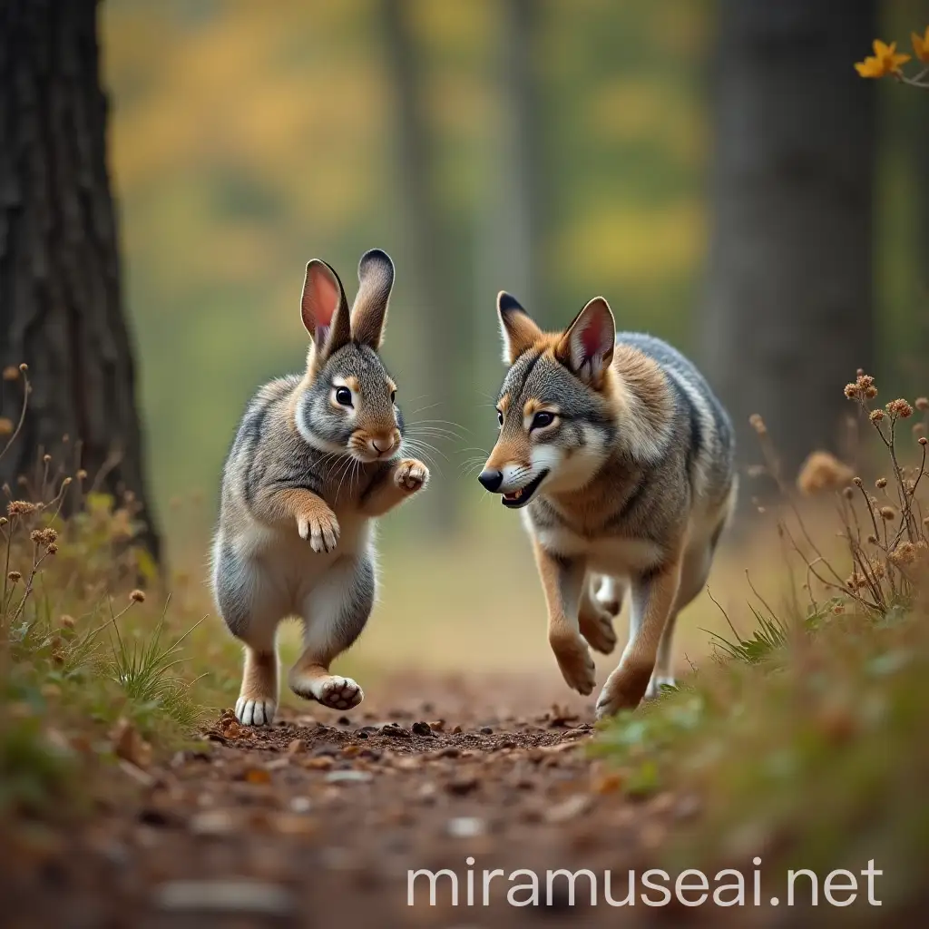 Rabbit Escapes from Wolf in a Thrilling Forest Chase