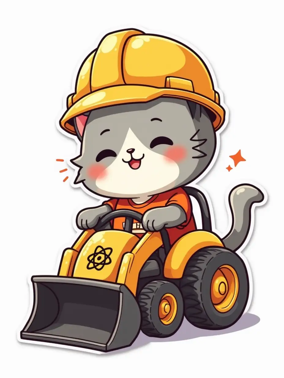 kawaii positive little happy electrician light gray cat in in protective helmet and gloves with of an atom symbol on t-shirt, controls a mini excavator with a large bucket. die cut sticker design top-view, high resolution, vector art, white background, paint in anime style