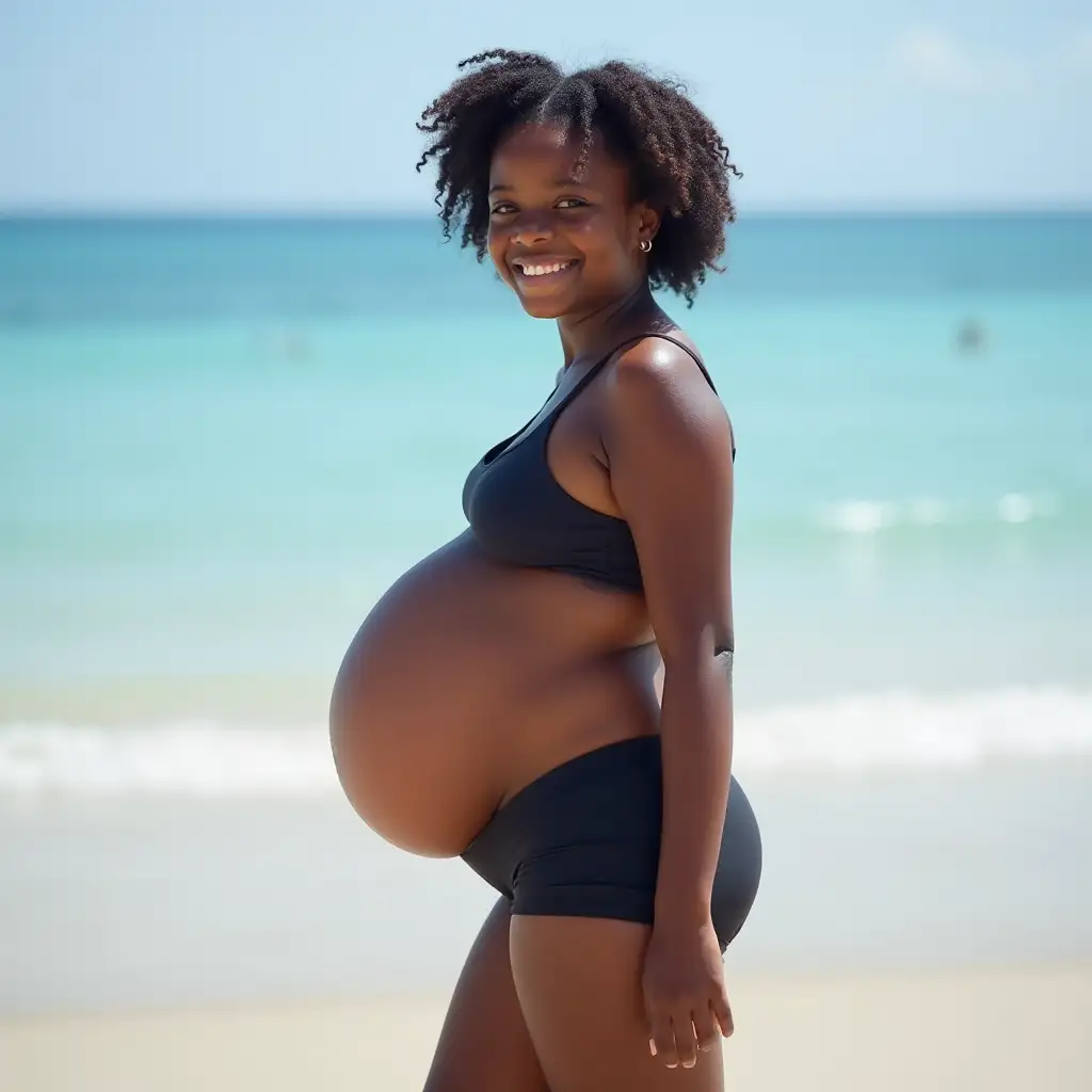 Happy-Young-Girl-with-Bloated-Belly-at-the-Beach-in-Spandex-Shorts