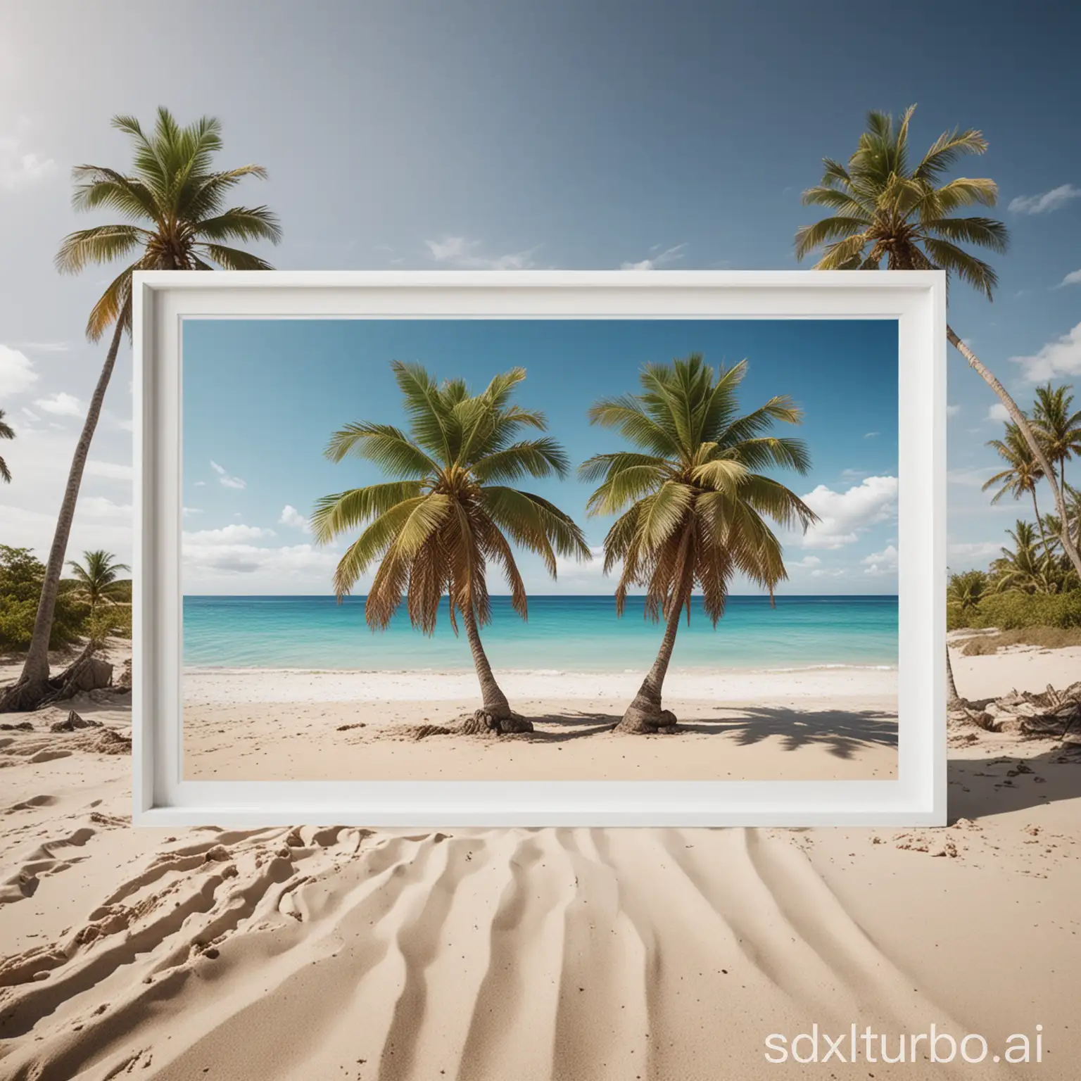 a couple of palm trees sitting on top of a sandy beach, hedonic treadmill, white frame border, the photo shows a large, caribbean, an ai generated image, samoan features, peaceful mood, visualisation, youtube thumbnail, identical picture, tropical fish