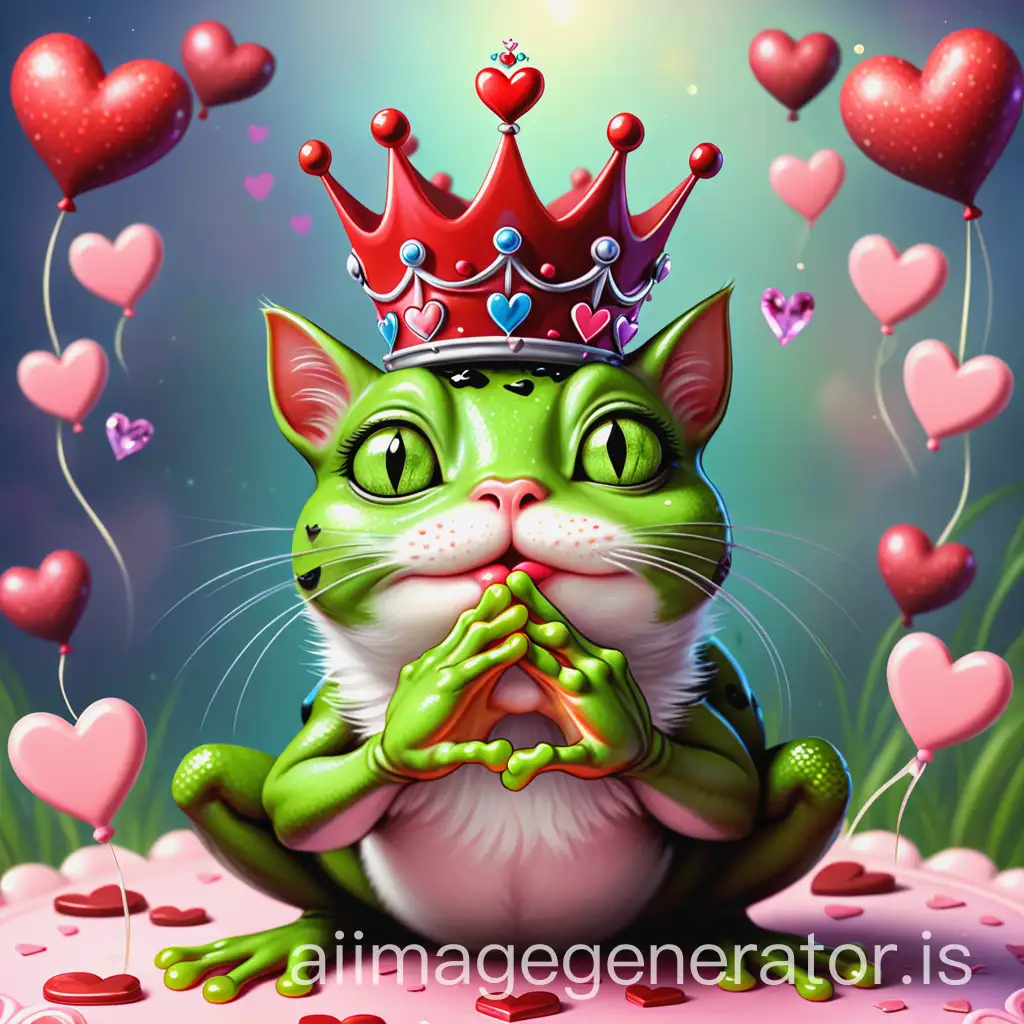 Cat-Kissing-a-Crowned-Frog-with-Anniversary-Theme-and-Hearts