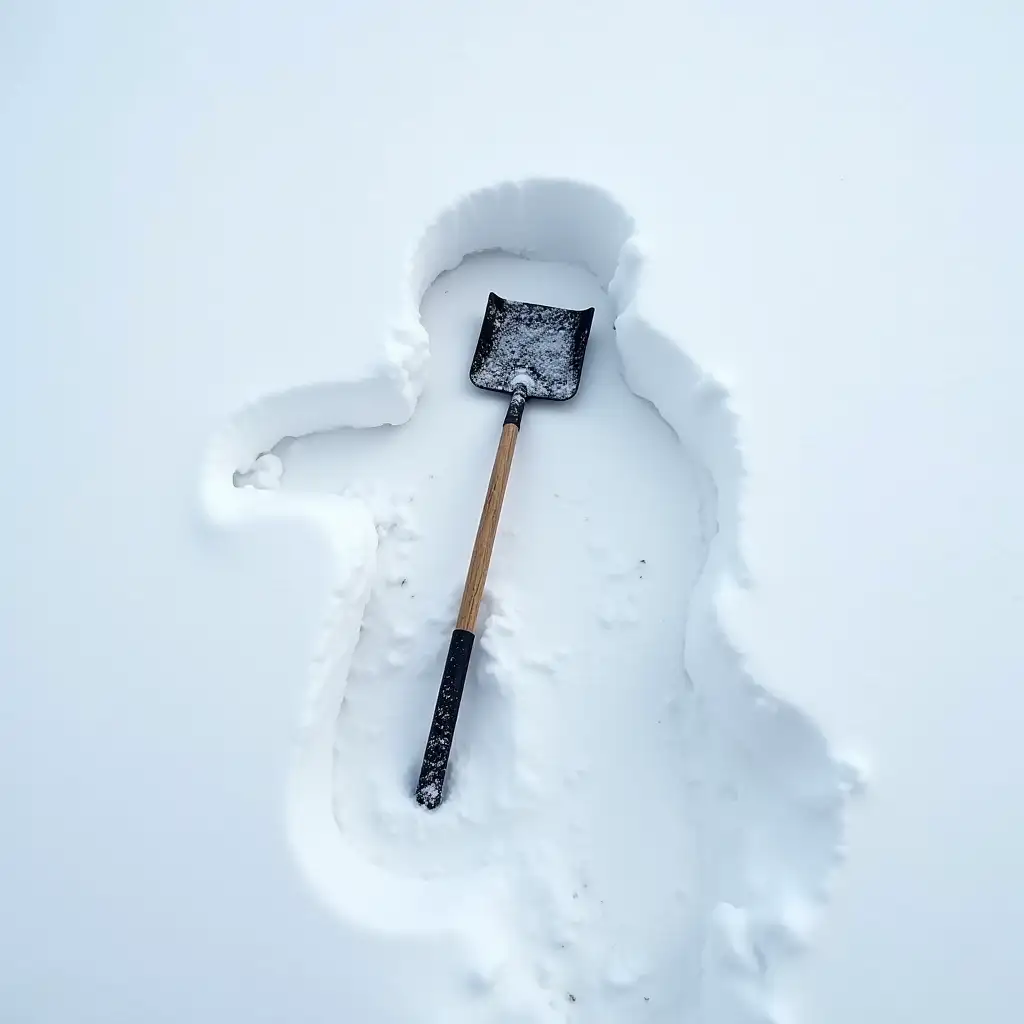 Imprint of a person in the snow with snow shovel laying beside