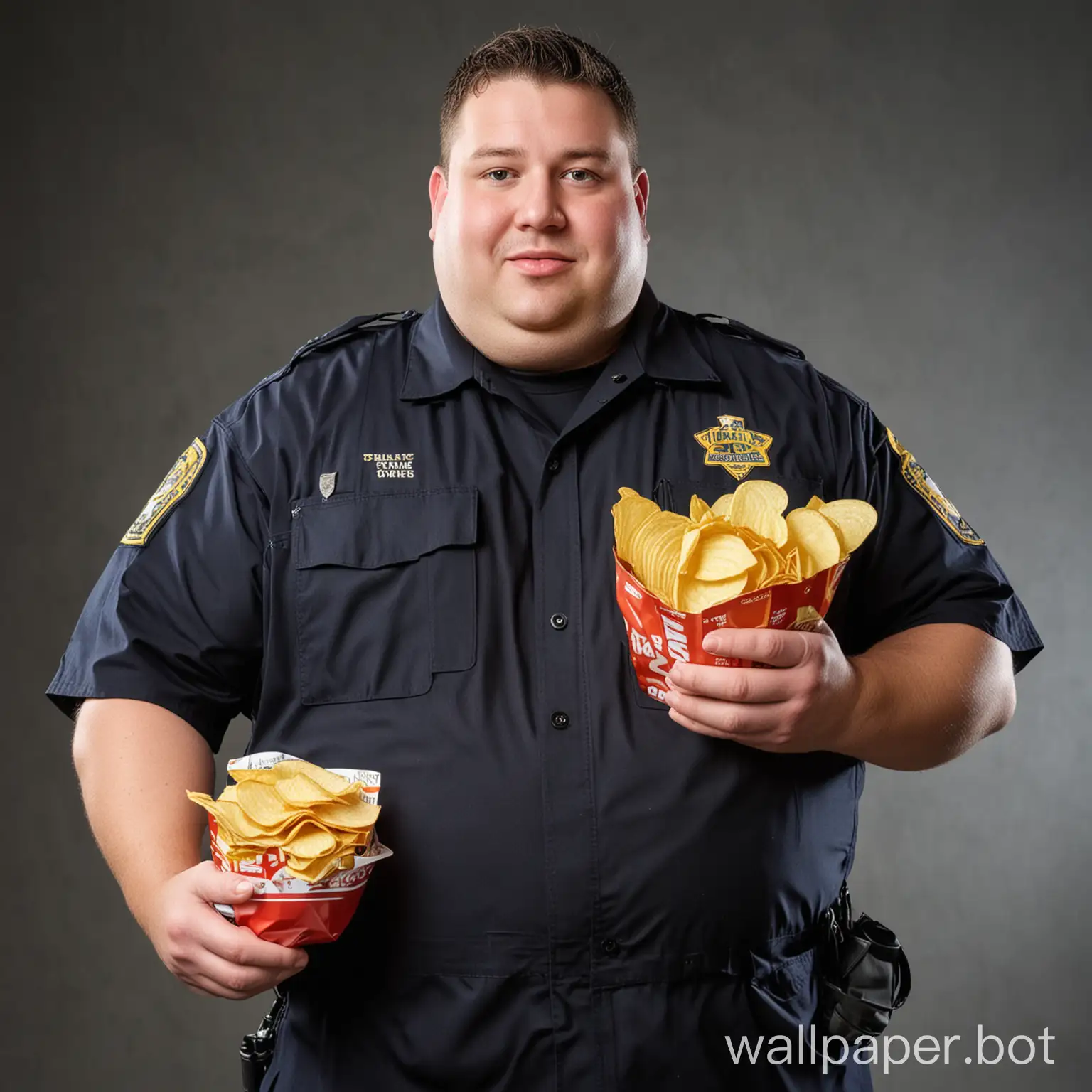 fat paramedic holding potato chips