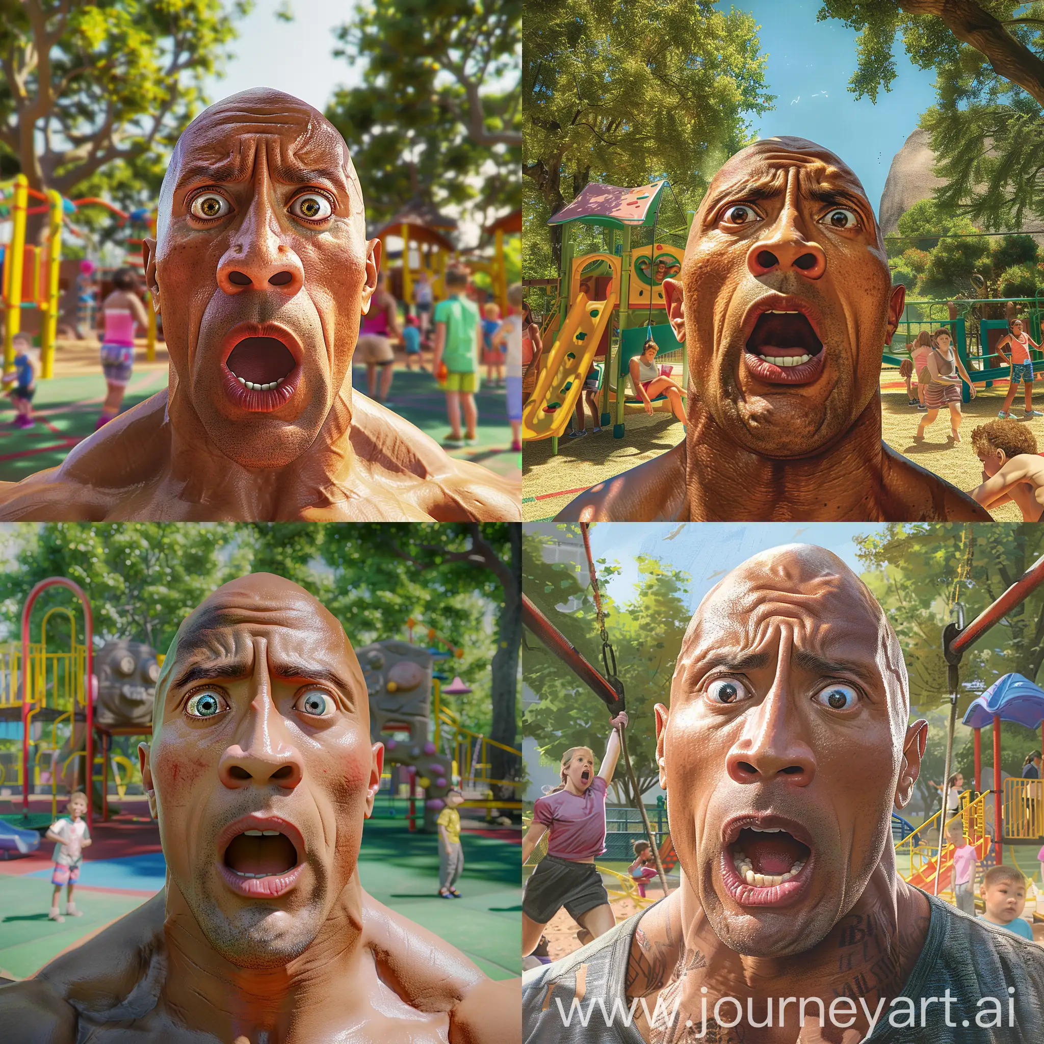 Surprised-Bald-Man-Dwayne-Johnson-in-Playground-Scene-with-Children-Playing