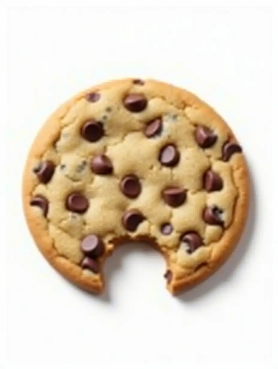 Create a vertical image of a choco chip cookie kept flat on a white background bitten at 45 degrees angle with teeth marks showing it has been bitten into