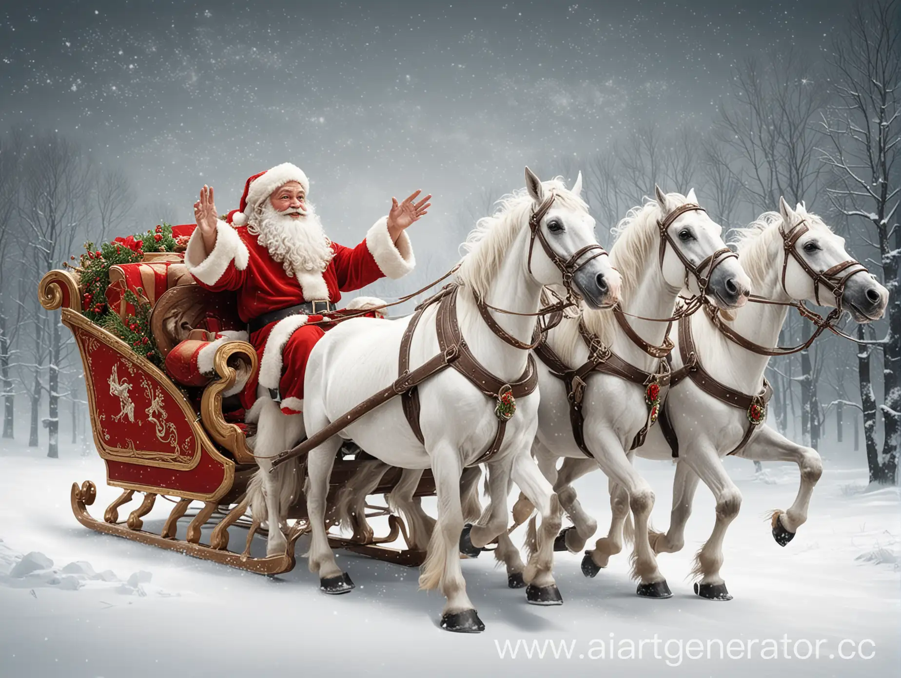 Fairytale-Santa-Claus-in-Sleigh-with-Three-White-Horses-Waving