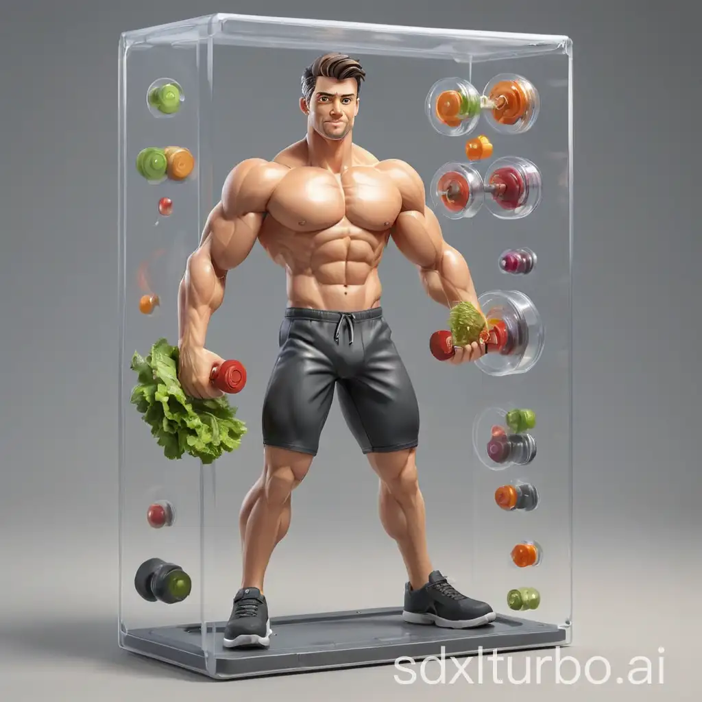 Create an image of me in the form of a 3D action figure, displayed in a transparent blister package. Add accessories: dumbbells, sports nutrition, salad