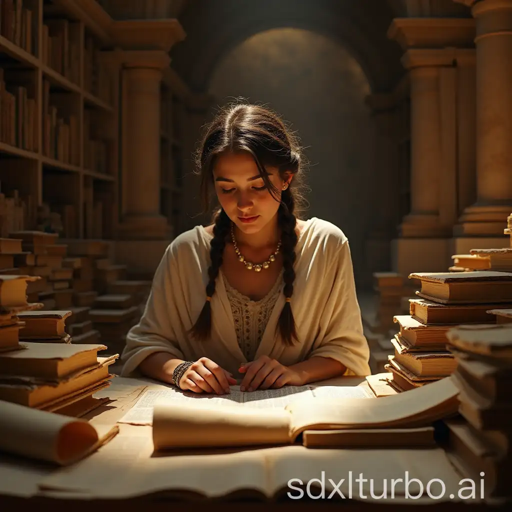 The young scholar Hypatia, immersed among parchments and papyrus rolls in the Library of Alexandria, a magnificent Greek temple. Her eyes shine with enthusiasm as she explores ancient texts and discovers the secrets of knowledge, alone and focused among piles of books.