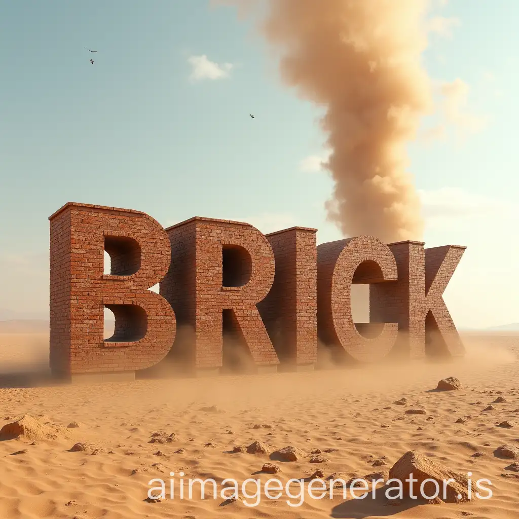 in this image there is a kind of brick construction which has the shape of the word: 'BRICK', HD quality, the Seine takes place in a desert, the construction is about 100 m high, there is a tornado which stirs up dust