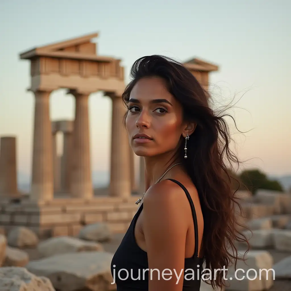 Elegant-Woman-Posing-in-Front-of-Greek-Monuments-with-Black-and-Brown-Tones
