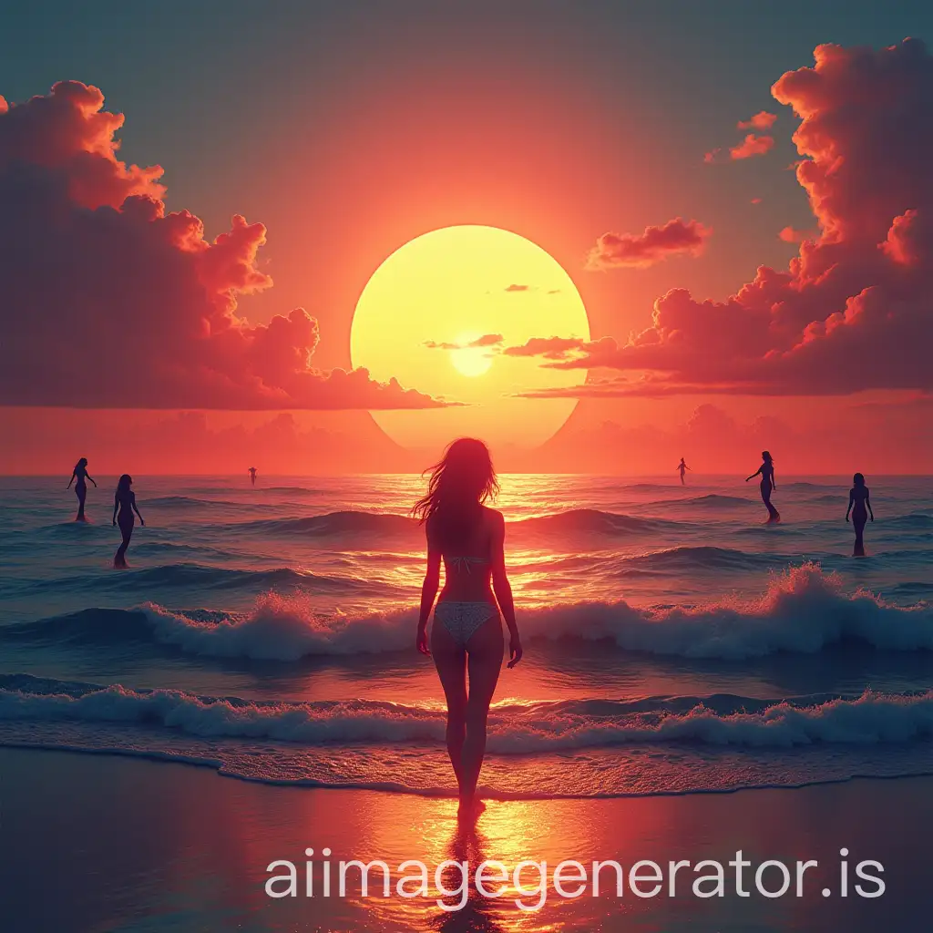 user_prompt: An image of the sea during sunset with exotic colors background and a woman walking towards the sun and mermaids in the horizon