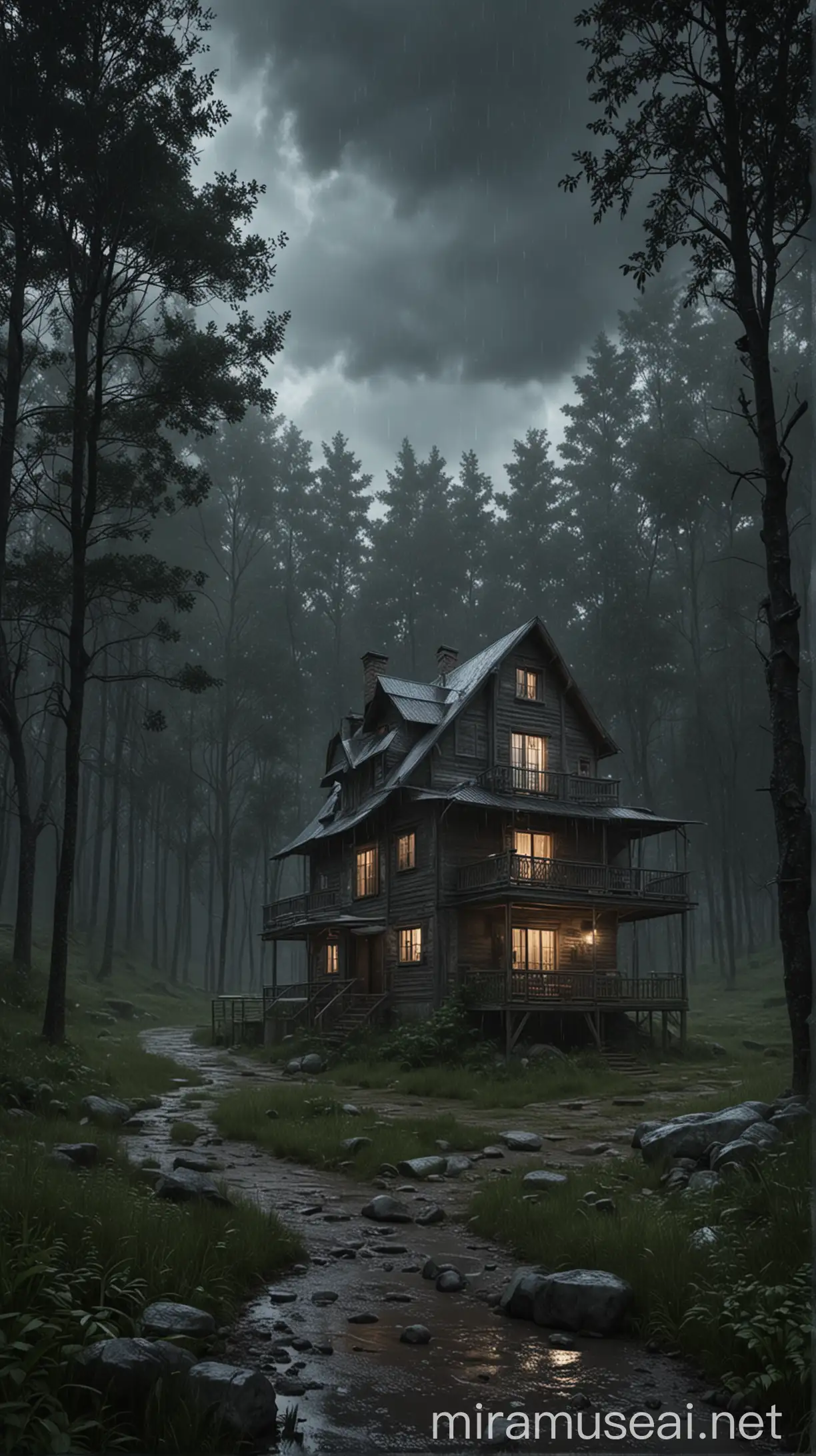 Solitary House in Dark Forest Under Rainy Sky