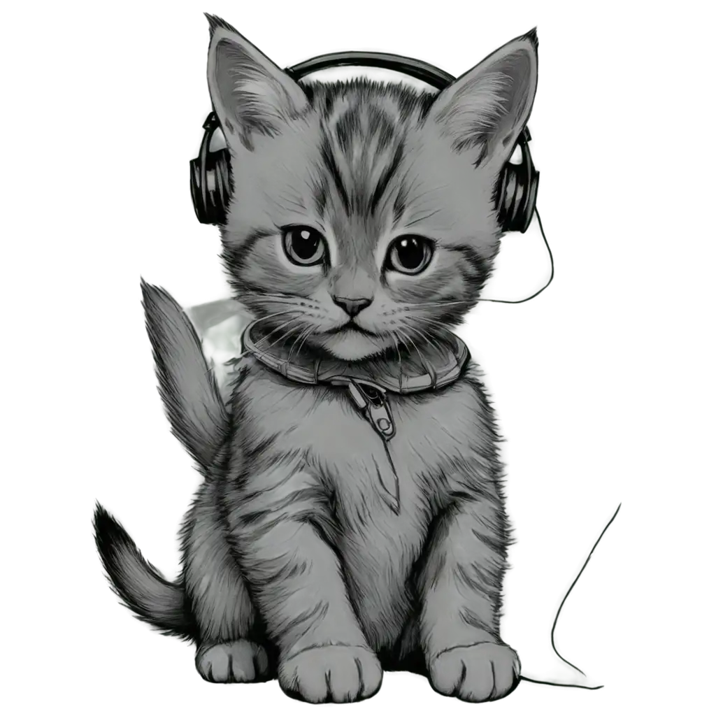 Adorable-Kitten-Sketch-Listening-to-Music-in-PNG-Format