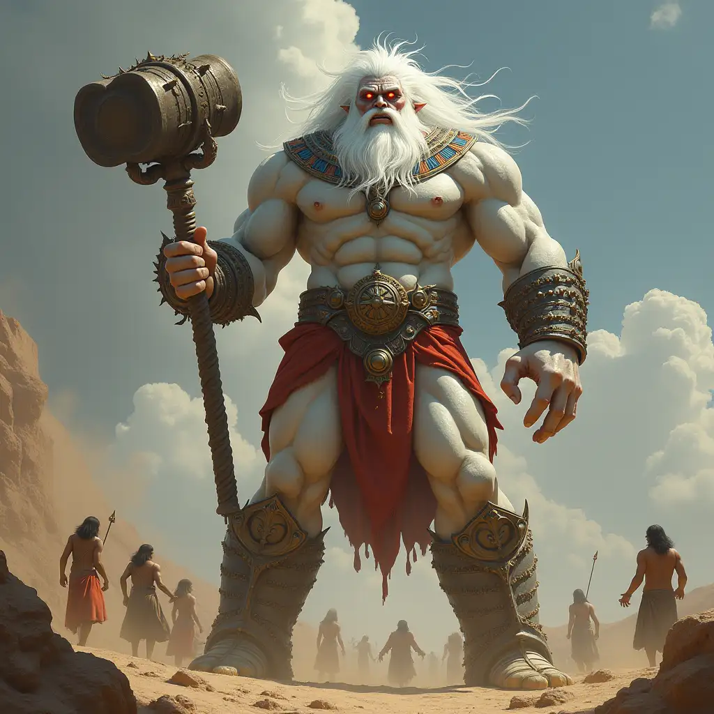 Mann-Titan white with Dracula head, gleaming red eyes, 10 meter high Mustag-beard with muscles, metal shoes, hammer with many people on Egyptian