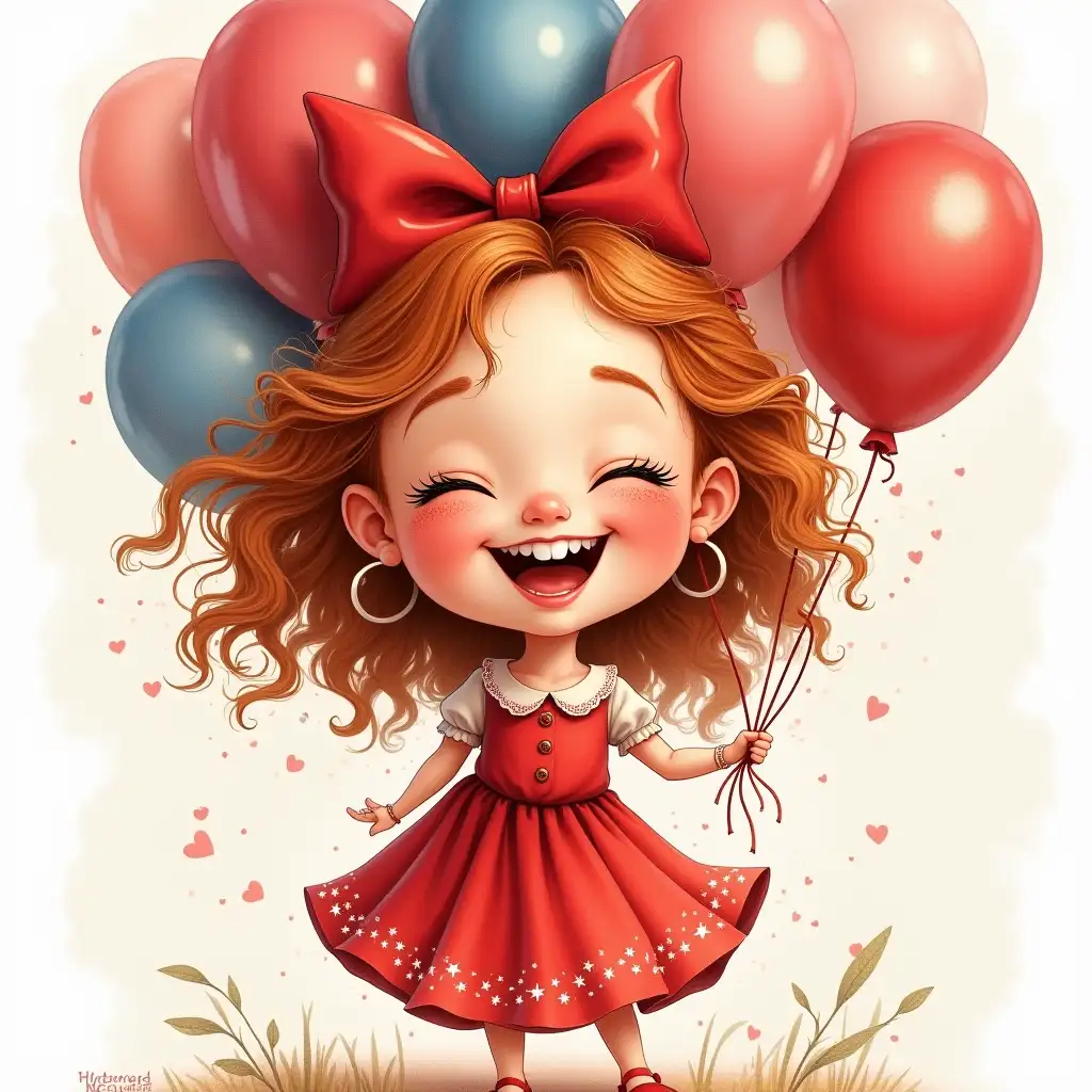 A caricatured tender funny girl in full growth, European appearance DreamWorks reddish curls, drawing of eyelashes, closed eyes, rosy chubby cheeks with freckles, plump lips laughing. On her head is a large red bow, dressed in a red fluffy dress with sparkles, holdinga lot of balloons, ink drawing, 4k, high detail photorealistic airy realistic watercolor, photorealism, wide strokes, 