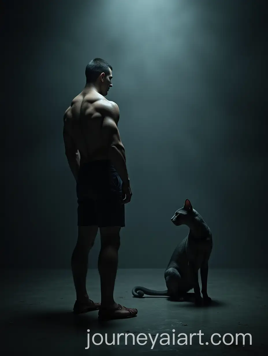 Muscular-Man-and-Predatory-Cat-in-Dramatic-Mysterious-Setting