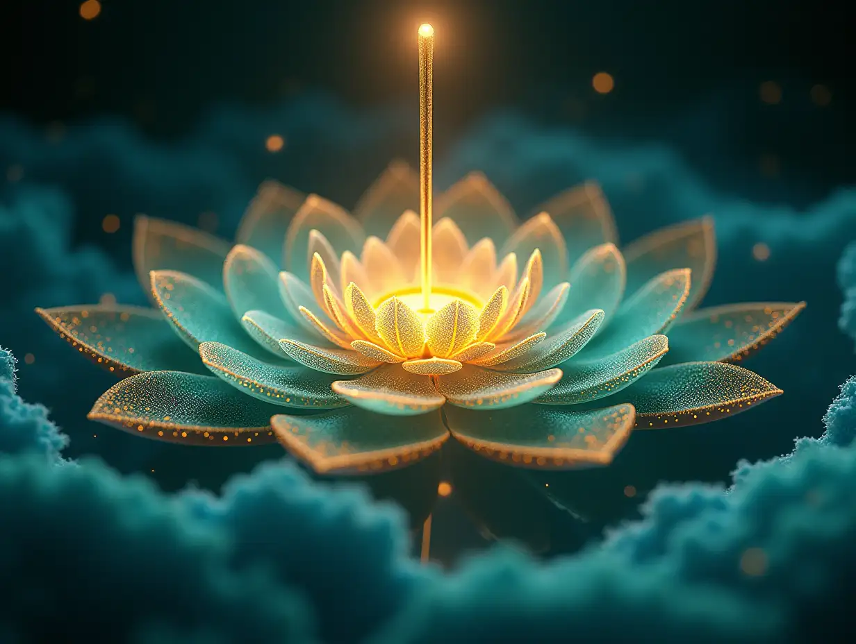 Ultra-detailed, hyper-realistic, 8K resolution. A surreal fusion of traditional Chinese elements and hypnotic patterns. At the center, a glowing golden acupuncture needle floats above a bioluminescent meridian map of the human body, radiating soft pulses of light. Surrounding it: Fractal lotus flowers with infinite layers, rotating slowly in a mandala-like spiral, their petals dissolving into swirling mist that mimics smoke or ocean waves. Celestial gold and jade-green particles flowing like a river, merging with traditional instruments (guqin, bamboo flute) dissolving into geometric patterns. A yin-yang symbol transformed into a mesmerizing möbius strip, glowing with bioluminescent blue and warm amber hues. Subtle optical illusions: repeating patterns that pull the viewer’s gaze inward (think Escher meets Zen garden). Background: Deep indigo space with faint, pulsating constellations resembling acupuncture points. Color palette: Tranquil blues, emerald greens, and metallics (gold/copper) to evoke calm, with strategic high-contrast accents (vivid magenta sparks) to trigger dopamine-driven visual interest. Style: Blend Hayao Miyazaki’s ethereal realism with Vivid Ink Wash Painting and fractal psychedelia. Add a 3D depth effect to create the illusion of falling into the image