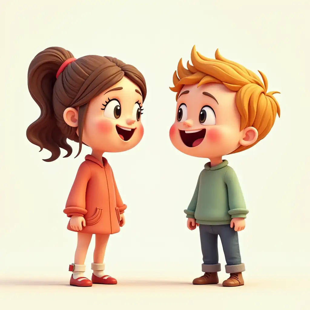 Create an image of children (girls and boys), between 2 and 6 years old, in 3d design, cartoon, painted, drawing and chatting happily and animated