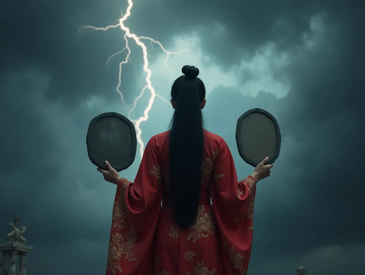 a woman standing on dark clouds  facing to the viewer. She is wearing a traditional Chinese red robe with gold embroidery and has long black hair tied up in a bun. The woman is holding two mirror in her hands. The sky is filled with dark clouds and a lightning bolt is striking down from the sky, creating a dramatic and ominous atmosphere. The overall mood of the image is dark and ominous.