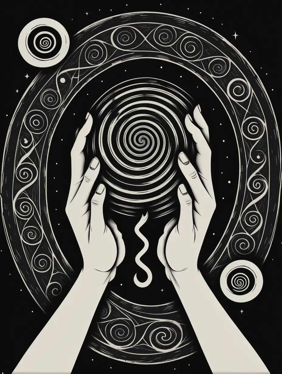 Mystical Woodcut Style Illustration of Two Female Hands Holding a Spiral