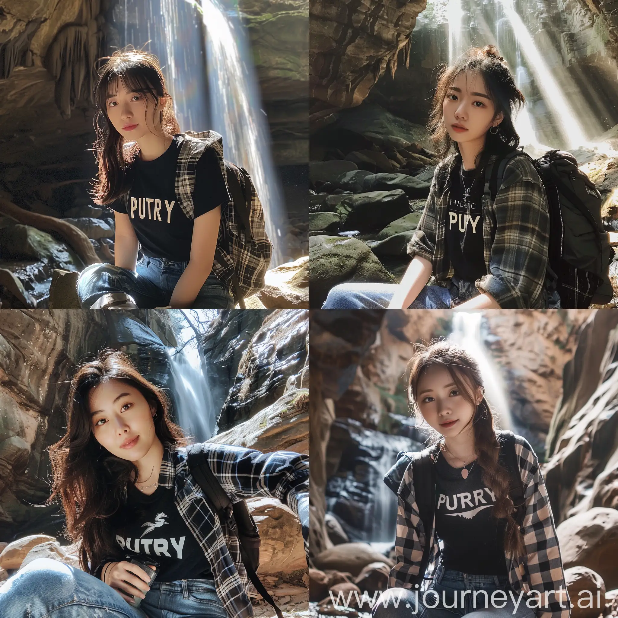 Young-Korean-Woman-Taking-Selfie-in-Cave-near-Waterfall