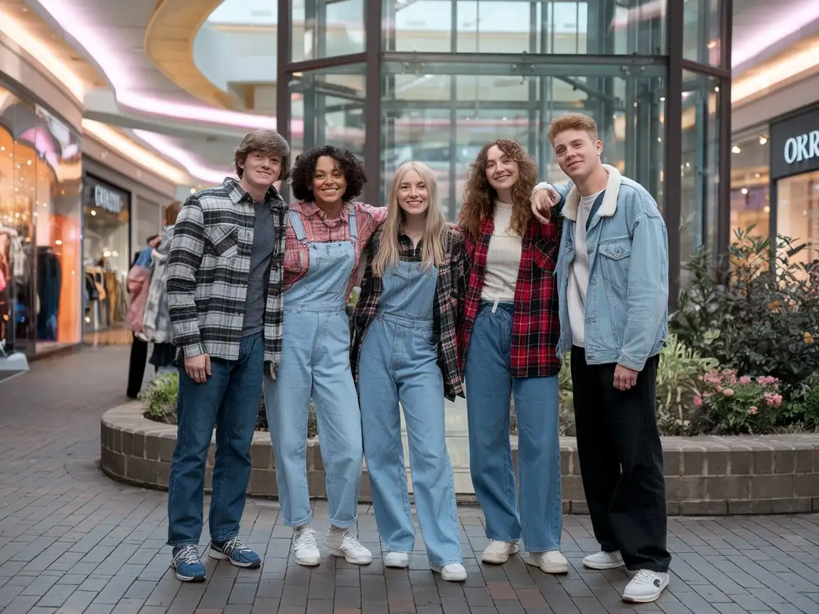 Group of Friends Shopping Together in 1990s Mall