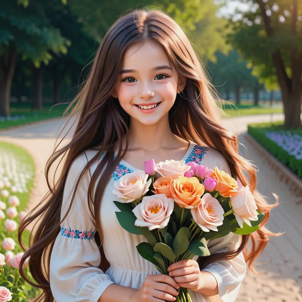 A lovely girl, holding flowers, smiling, and long hair. --ar 9:16 --v 6.0 (fast)