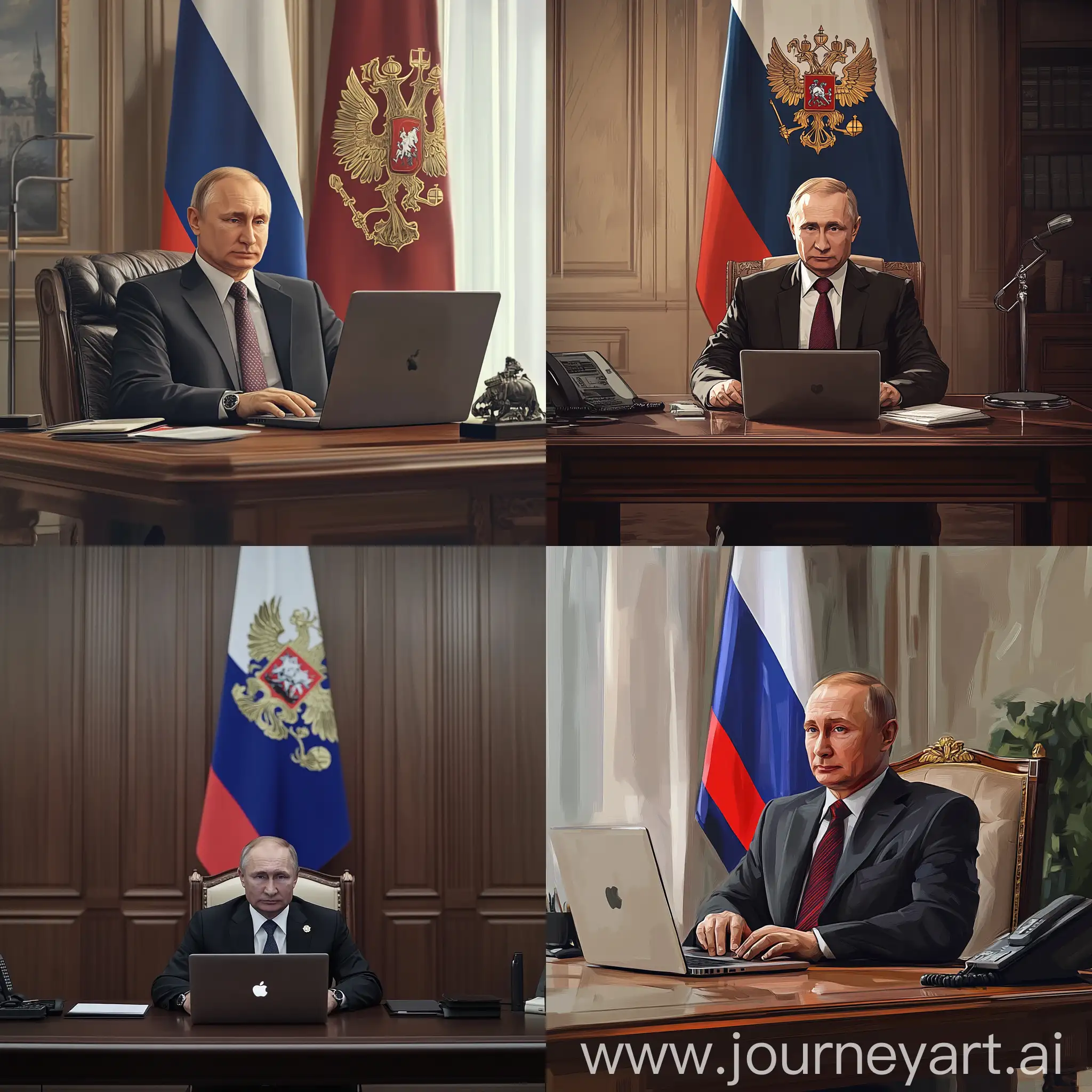 Vladimir-Putin-in-Presidents-Office-with-Russian-Federation-Flag-on-MacBook-Table