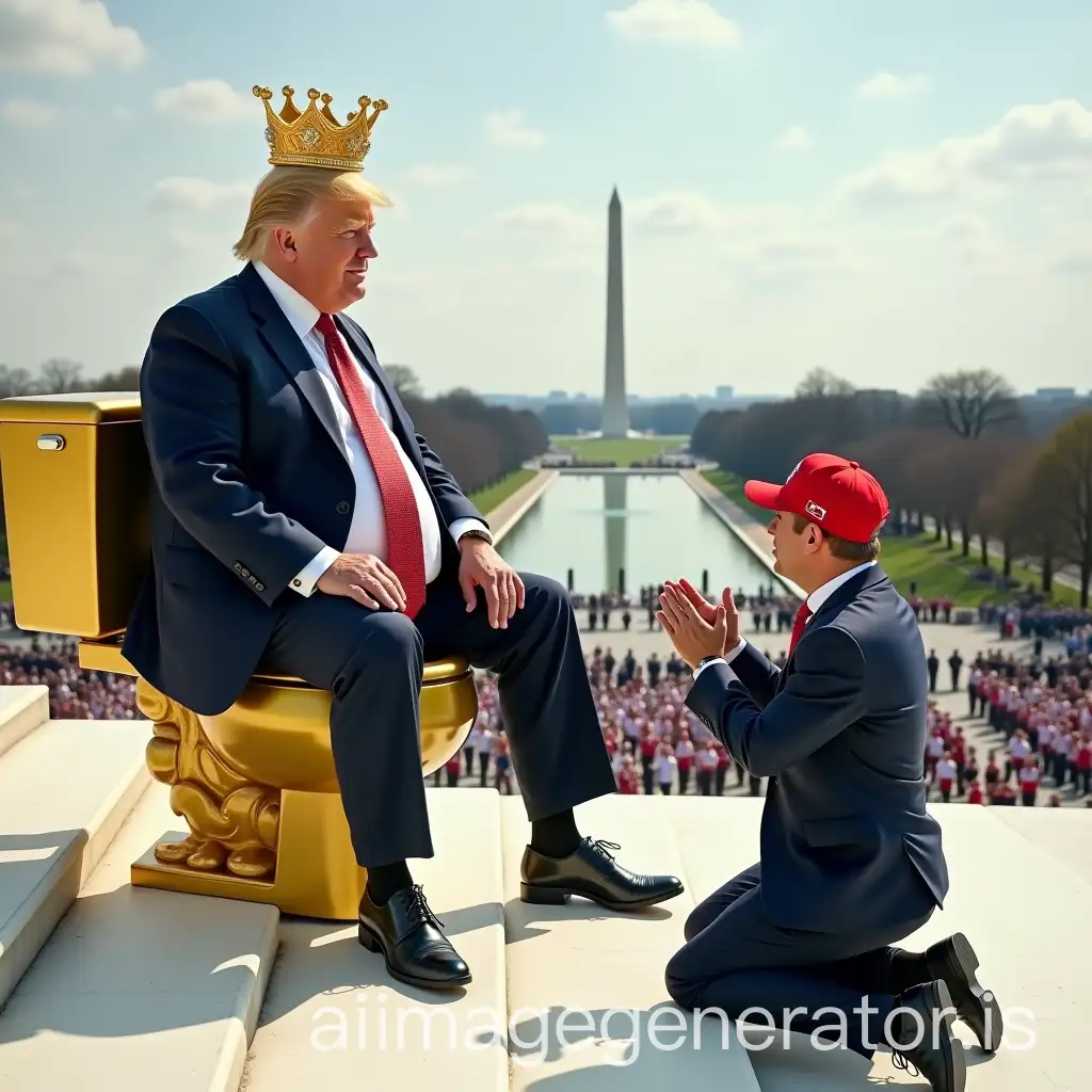 Donald Trump sitting on a golden toilet with a crown on his head and a big fat belly. The toilet is on white steps, overlooking Washington DC and a military parade. A man wearing a red baseball hat is on his knees praising Trump.