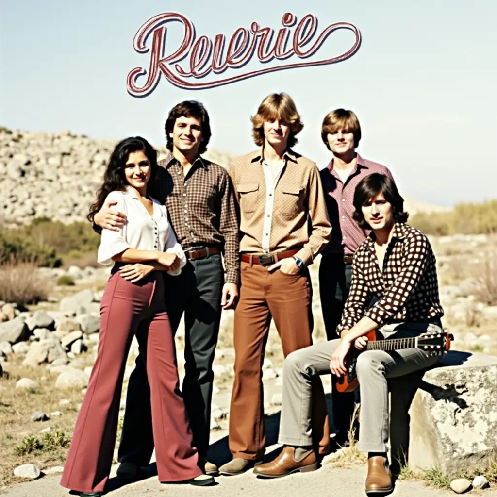 A group of five individuals, possibly a band, posed outdoors against a backdrop of rocky terrain and a clear sky. The group is dressed in vintage-inspired clothing, reminiscent of the 1970s or 1980s, with flared pants, patterned shirts, and long flowing dresses. The central figure, a woman, is embraced by a man standing beside her. Another man stands to the right, holding a guitar, while two others are seated on the rocks. The word 'Reverie' is prominently displayed in a stylized script at the top of the image.