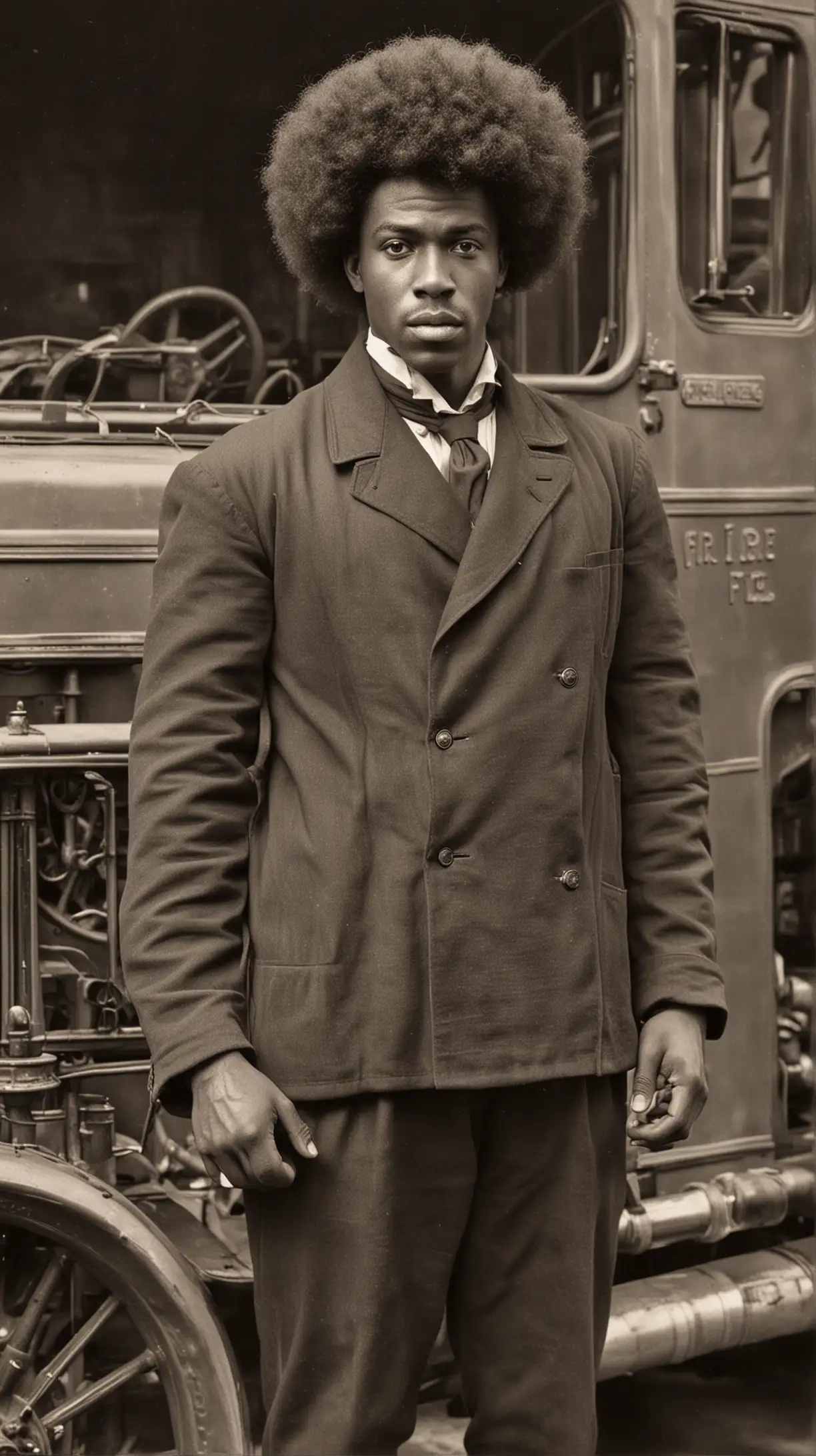 1900s Handsome Black Man with Afro Standing in Front of Fire Truck