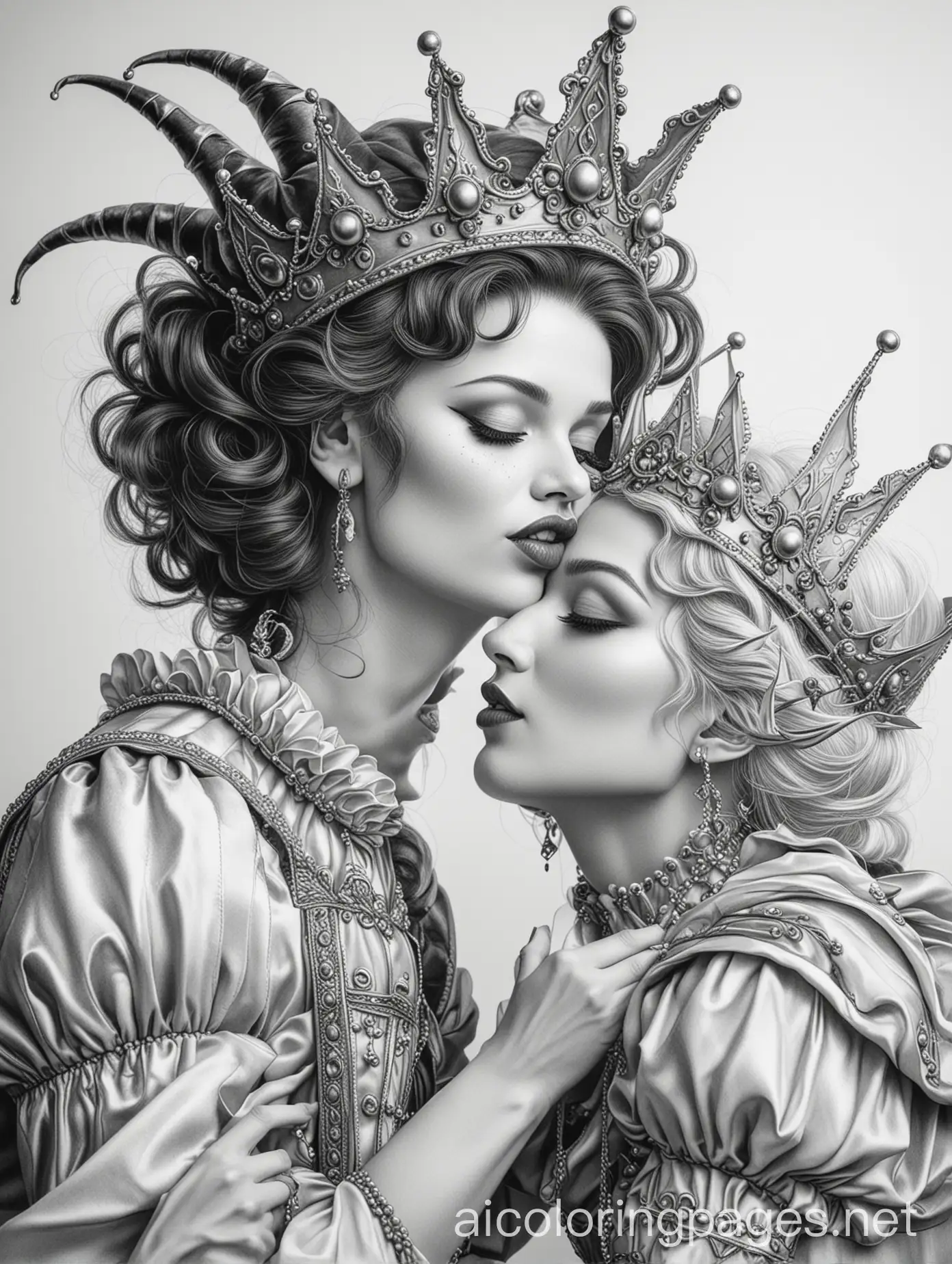 Female-Queen-Kissing-Female-Jester-in-Black-and-White-Line-Art