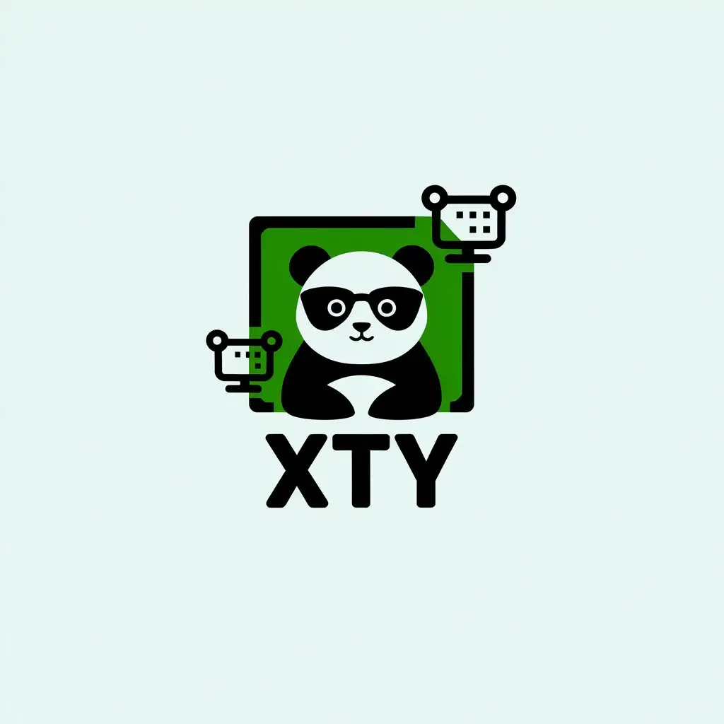 a vector logo design,with the text "XTY", main symbol:a vector logo design,with the text 'XTY', main symbol:Panda, green, black, frame, network computer,Minimalistic,be used in Internet industry,clear background,Minimalistic,be used in Internet industry,clear background