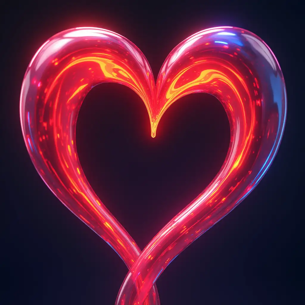 Create a colorful, abstract heart shape holographic on a png image. The heart should be formed by a twisted, tubular structure with a gradient of vibrant colors including vibrant red, cherry red, dark red colors. The colors should blend smoothly into each other, creating a visually striking effect.