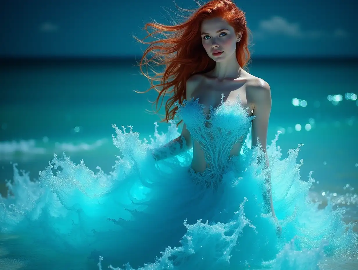 A stunning and surreal image of a redhead girl wearing an intricate aqua dress made entirely of water waves, creating a mesmerizing and visually stunning effect. The girl is shown in a graceful pose on the beach, and the water seems to rise to her chest, dramatically covering her body. This image can be created using the following vector. Woman in an elaborate aqua dress made entirely of water waves, thick and long hair, blue eyes, night, beautiful body, designed by Dmitry Kostanovich, Photoshop, Felicia Semyon, UHD image, Ekaterina Panikanova, shiny and bright, HDR, dynamic mode, 32 kb, sharp focus, illustration. by Sasan.