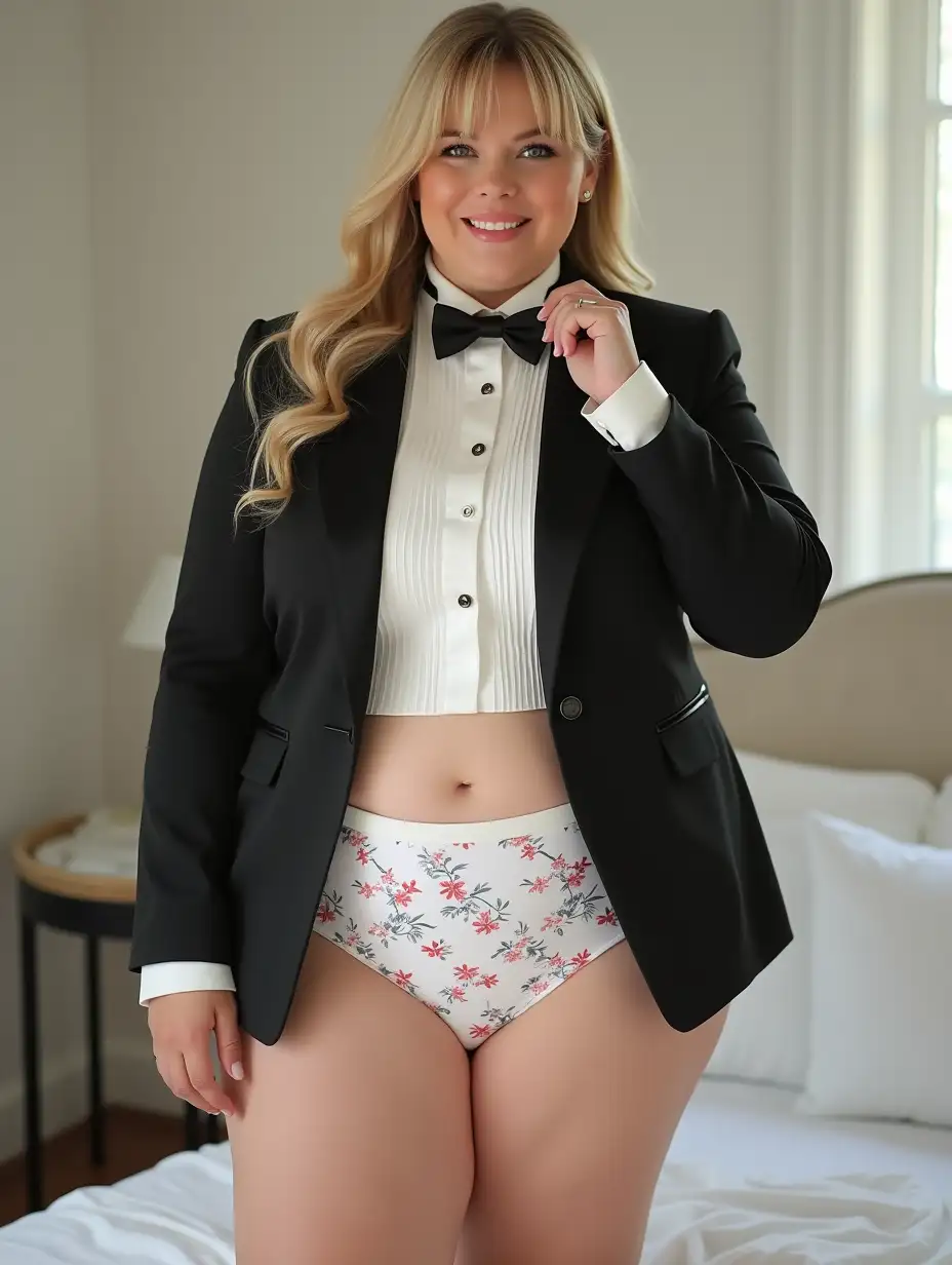 photo realistic, sweet smiling middle-aged larger plump obese body type with large wide hips Caucasian female woman, with long blonde pulled back hair with bangs, wearing a very formal orchestra concert tuxedo with black long sleeve high cut cropped above waist Eton jacket, (white cropped above waist tuxedo shirt, with high standing wingtip collar, and many thick vertical pleats front), (black diamond point bow tie with black adjustable neckband), white with many matching multicolored super tiny micro stars all over floral pattern print, very tight mid-rise high cut cotton brief with bright white waistband, bare legs, high heels, looking at viewer while tugging on bow tie, in a white bedroom, full body front view.