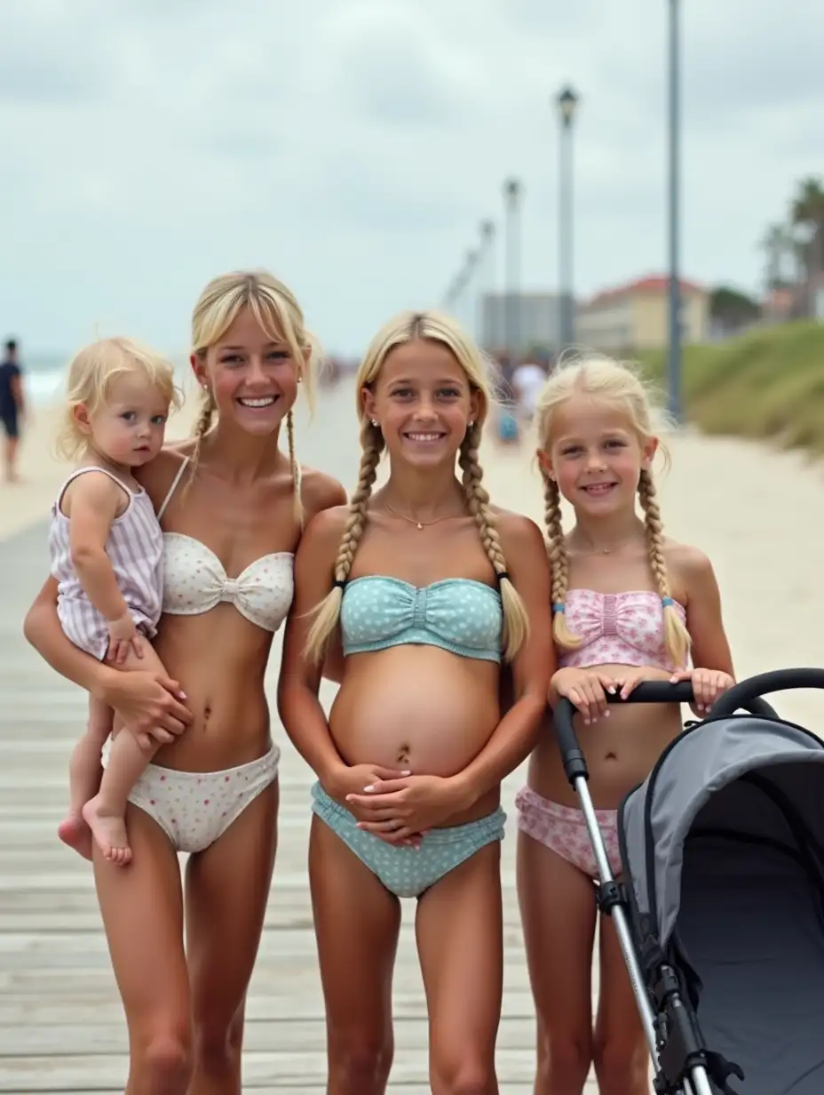 Three-Young-Girls-Holding-Toddlers-on-a-Boardwalk-in-Daisy-Dukes-and-Strapless-Tops