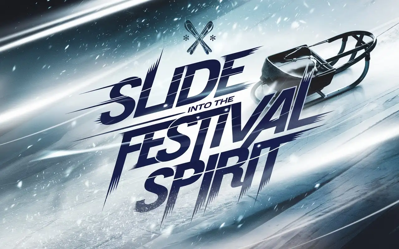 A dynamic poster with a sled on a snowy slope, a small emblem of crossed skis and snowboards at the top. The text 'Slide into the Festival Spirit' is displayed in a sleek, energetic font, complemented by soft gradients and snow particles.