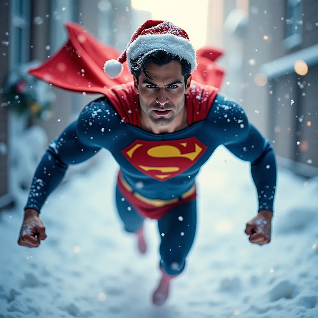 Dc comics superman with Santa hat on flying through the snow at Christmas