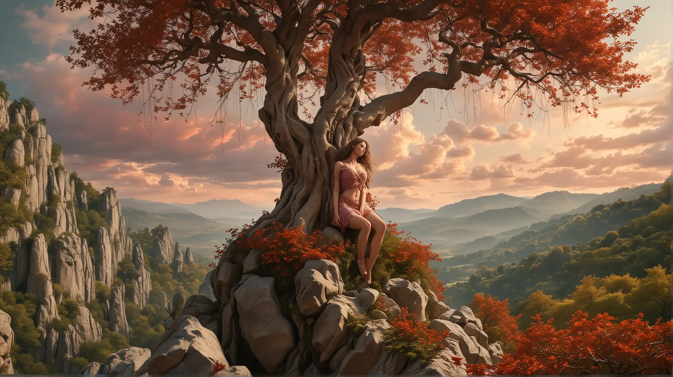 Surreal Hyperrealistic Fantasy Giant TreeWoman in Autumn Landscape