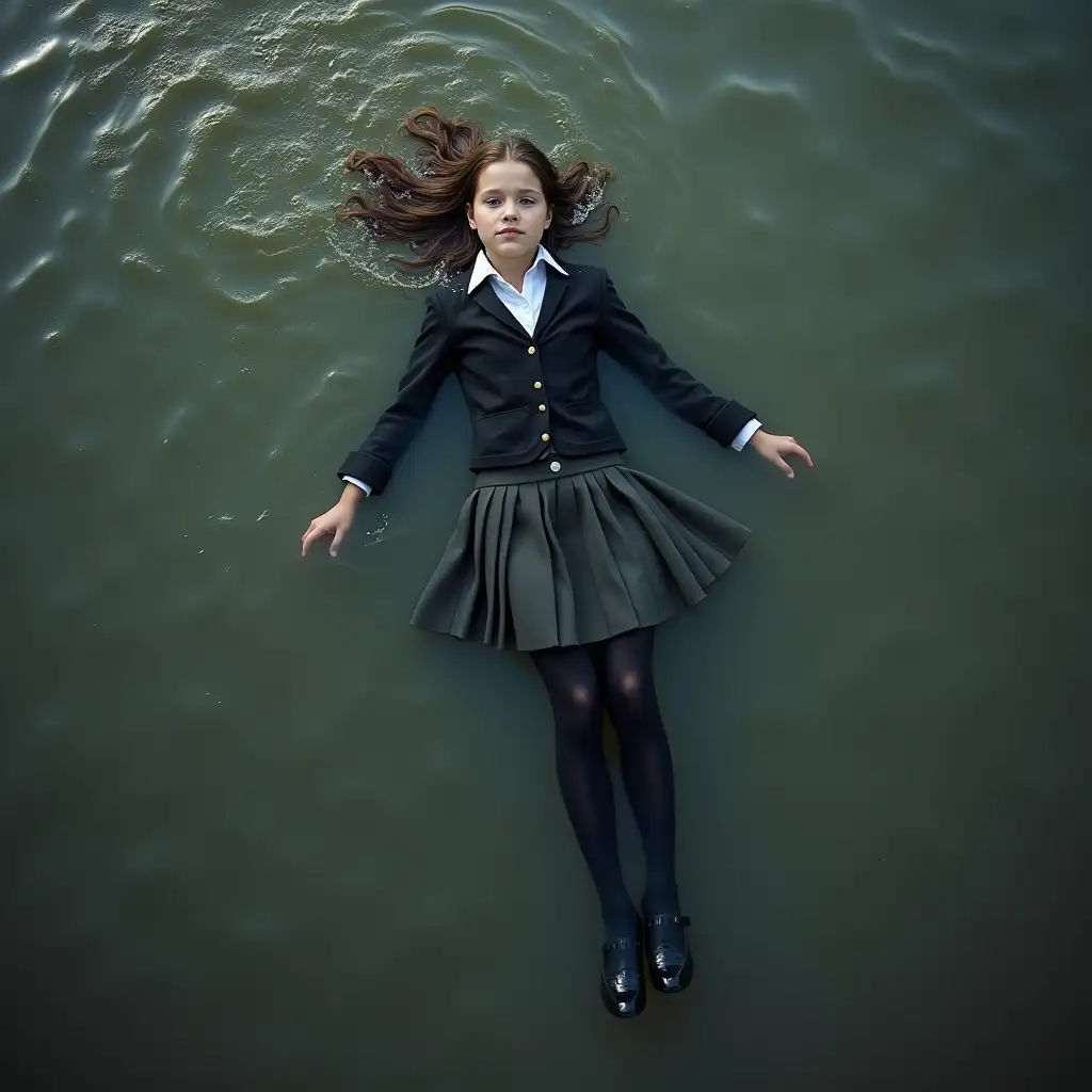 A young schoolgirl in a school uniform, with a skirt, jacket, blouse, dark tights, high-heeled shoes. She swims in a dirty pond, lies under water, in water up to her neck, the whole body is under water, submerged in water, under the surface of the water, all clothes are completely wet, clothes are soaked through, there are no dry areas of clothing, wet clothes stick to the body.