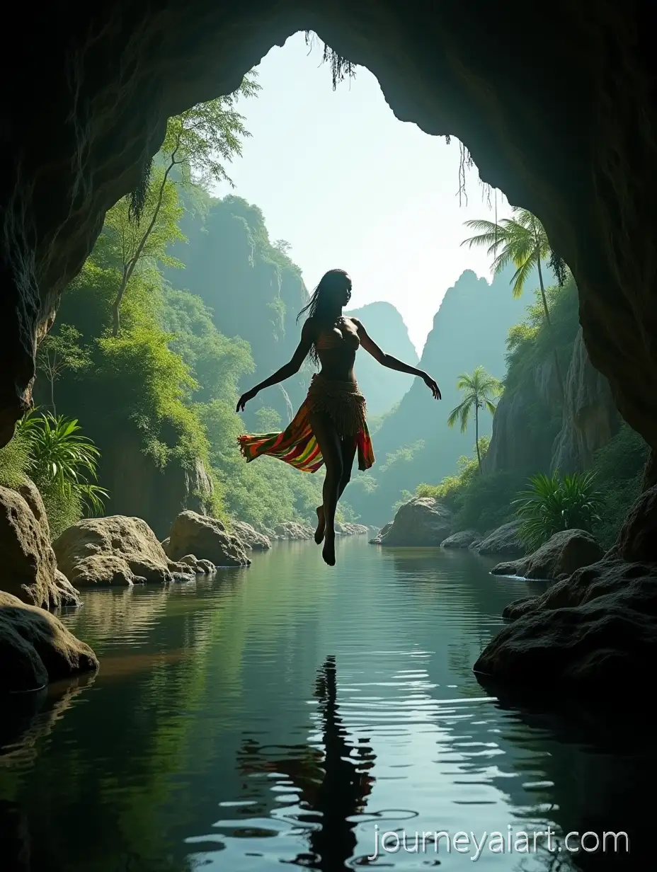 HyperRealistic-African-Woman-Dancing-in-Lush-Tropical-Jungle-Lagoon-from-Cave-View