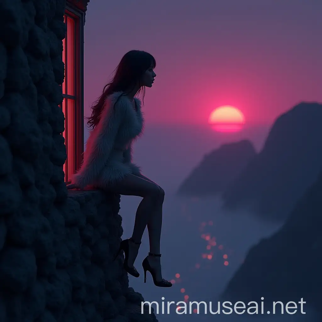 Elegant Young Woman on High Mountain at Midnight in Neon Colors