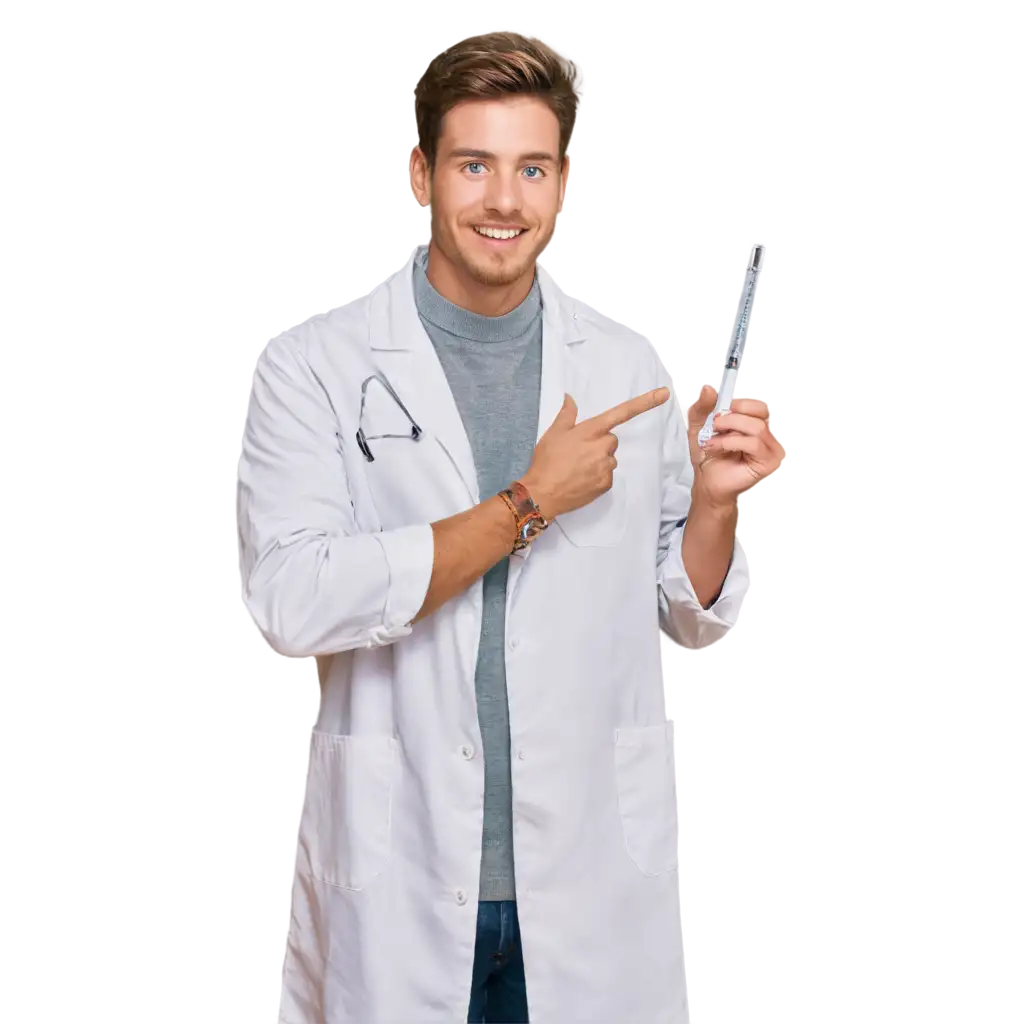 A professional-looking dentist wearing a clean white lab coat, standing confidently. The dentist has a friendly and approachable expression, with neatly styled hair and a well-groomed appearance. He is holding a slim dental tool (similar to thermometer) in one hand , positioned as if ready for use.