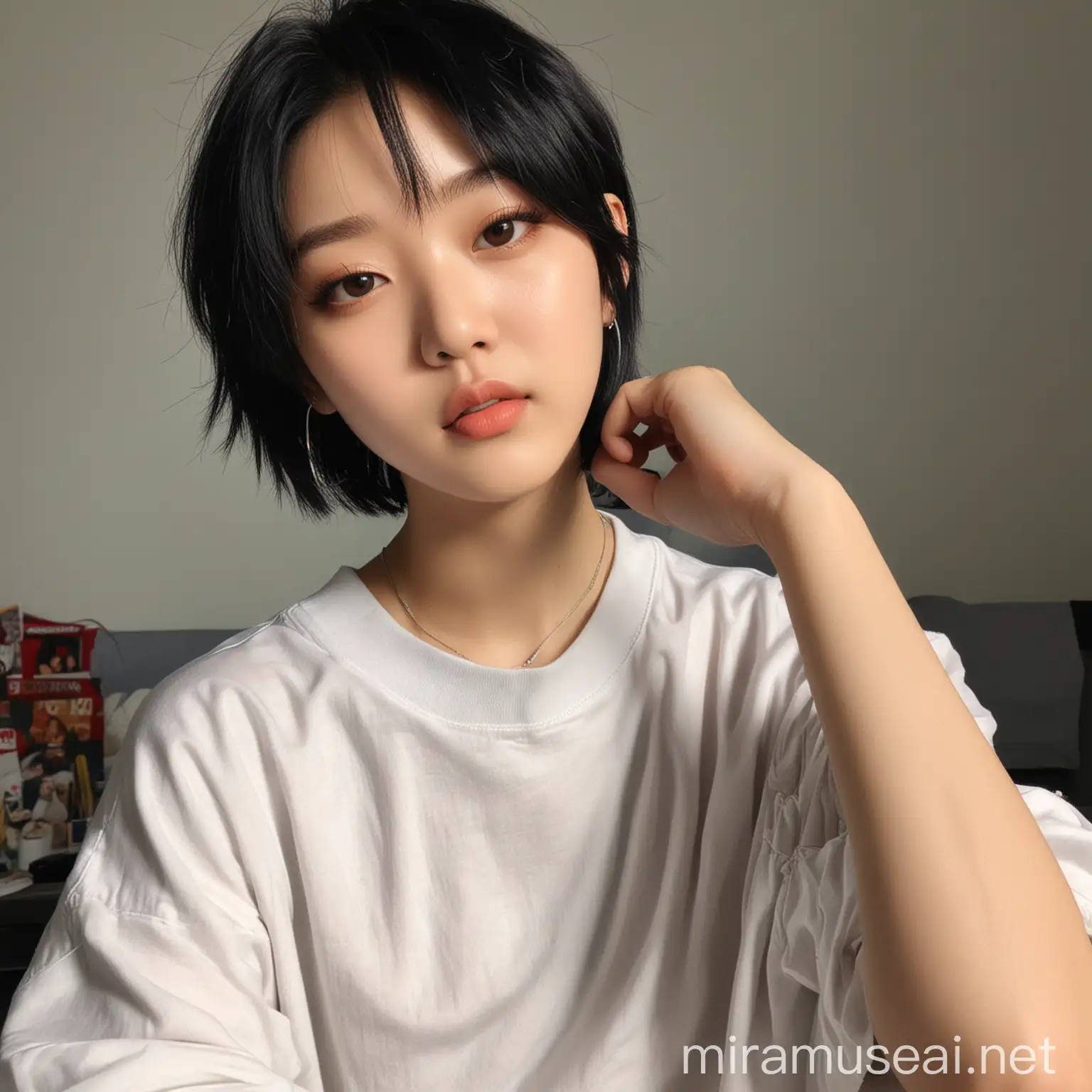 Cute Y2K Style Kpop Girl with Black Short Hair Masculine and Feminine Look