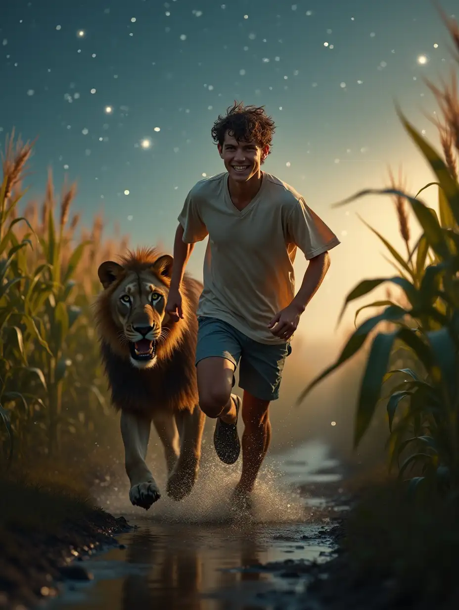 A young man runs with a lion, through a cornfield and catches a wolf, wet skin, northern light, morning dew, starry sky, freshness, 4k