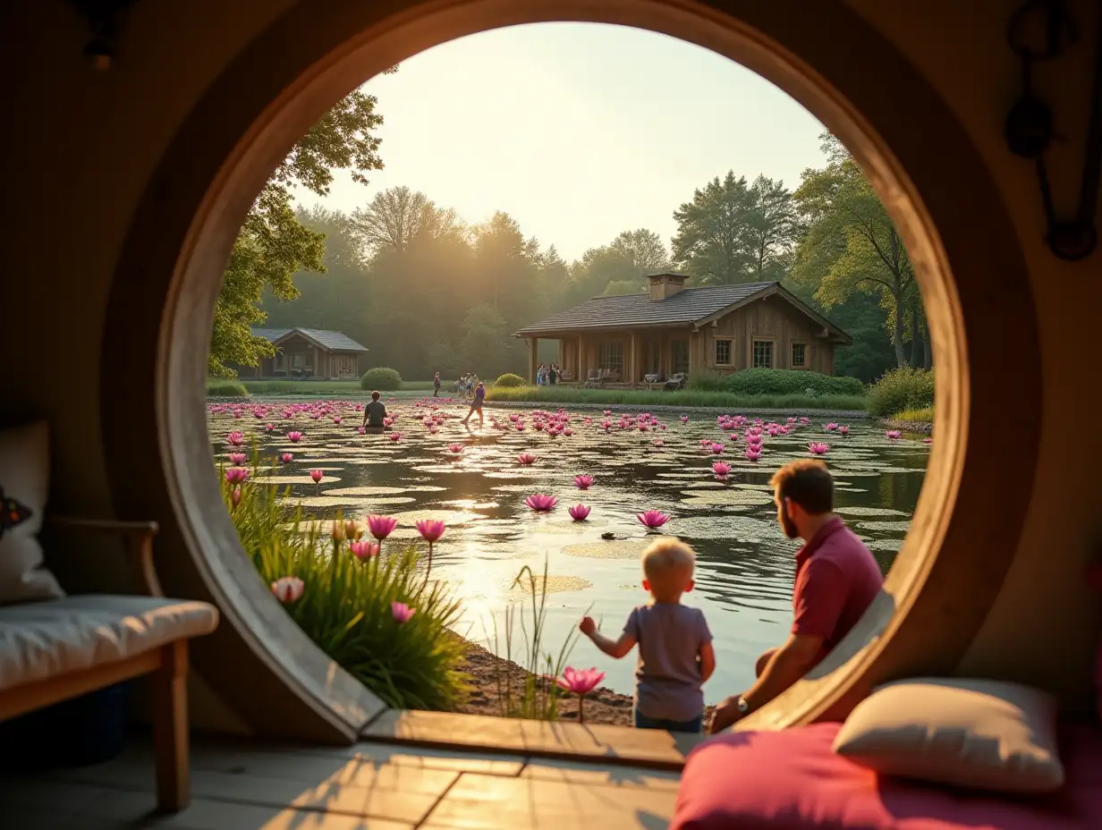 The view from the hobbit house through a round window to the shore of a large pond with large pink water lilies on the edge of the shore near the water, mom and dad are playing with a child, on the other side of the pond with large pink water lilies, children and other people are walking and playing by the water, on the other side there is also a simple wooden pergola and a chalet house with panoramic windows all the walls from floor to roof, that is, each wall is a panoramic window, everything else around the pond is a minimalist landscape design, a sunset sunny day and a lot of sunset sunlight, the foreground is in focus, and the background is blurred