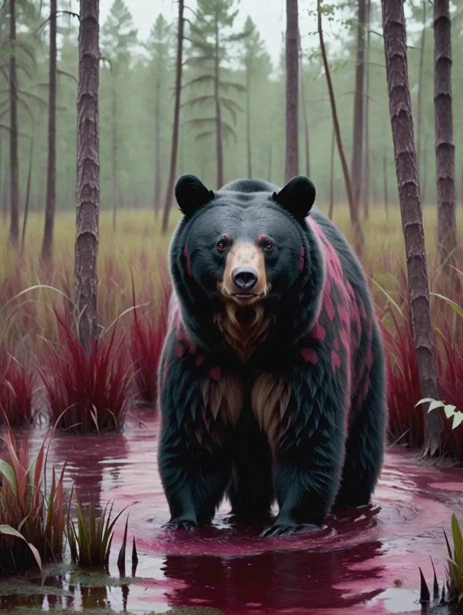 Fantasy Movie Still Black Bear with Spotted Fur in Maroon Swamp