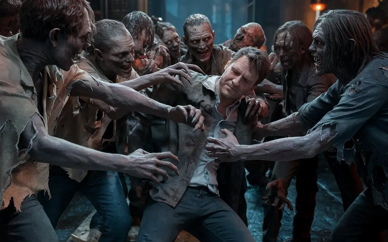 Horde-of-Zombies-Grabbing-a-Man-in-a-Dark-Haunted-Night-Scene