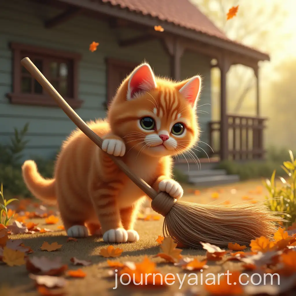 Orange-Cat-SweAI-Image-Prompt-Expansioneping-Dry-Leaves-in-Front-of-Cozy-Countryside-House